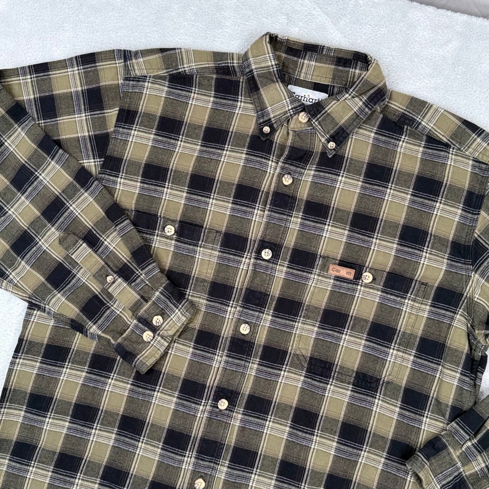 Carhartt Midweight Flannel Shirt Mens Medium Olive Green Black Plaid Long Sleeve